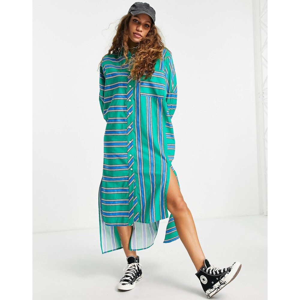 Topshop Oversized Green Striped Shirt Dress Women’s Small Cotton Midi
